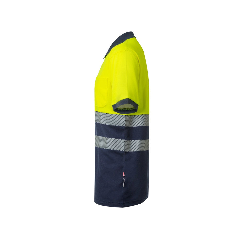 VL ACHELOUS promotional polo shirt in navy blue/yellow (detail view) with custom logo branding