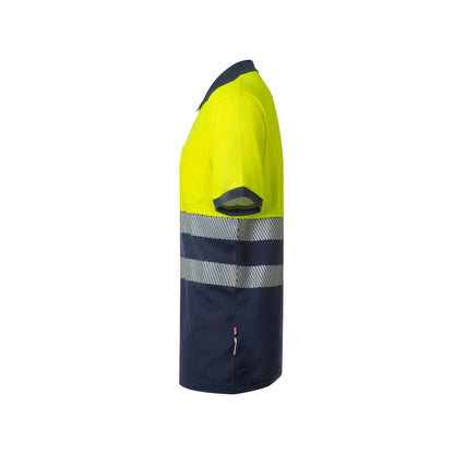 VL ACHELOUS promotional polo shirt in navy blue/yellow (detail view) with custom logo branding