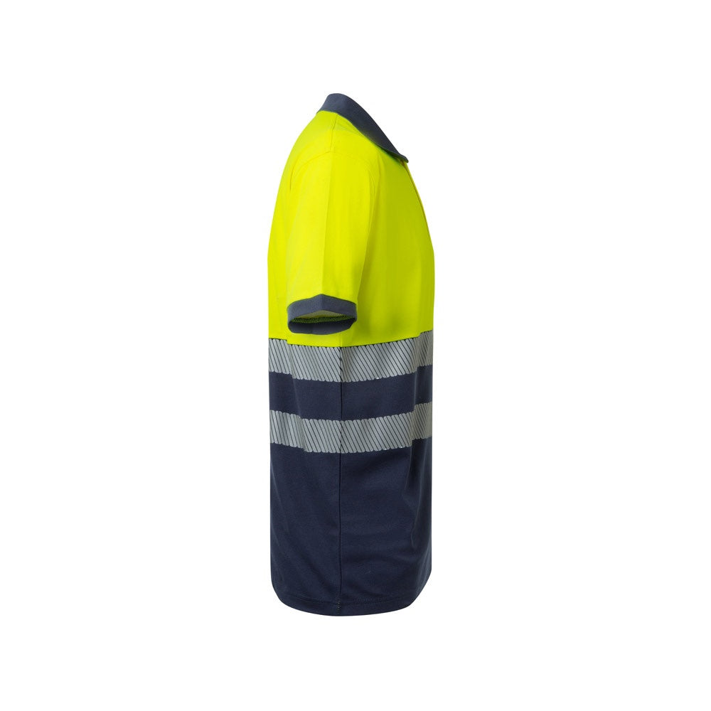 VL ACHELOUS promotional polo shirt in navy blue/yellow (detail view) with custom logo branding