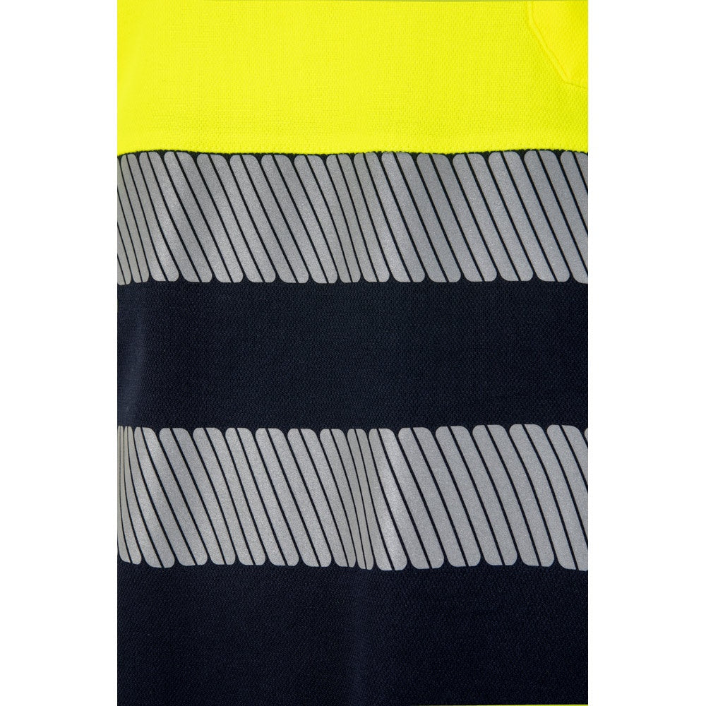 VL ACHELOUS promotional polo shirt in navy blue/yellow (detail view) with custom logo branding