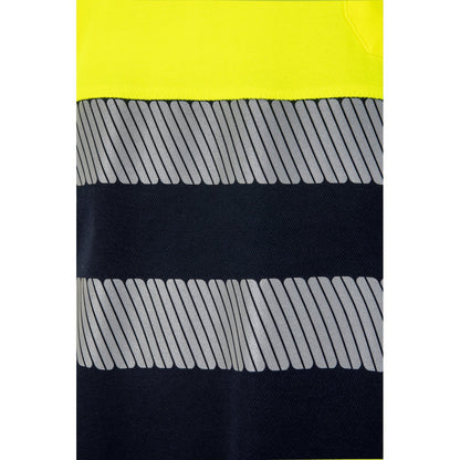 VL ACHELOUS promotional polo shirt in navy blue/yellow (detail view) with custom logo branding