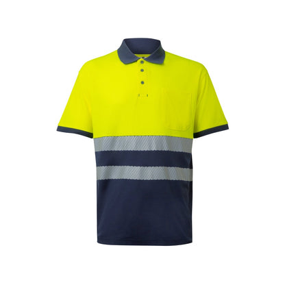 VL ACHELOUS promotional polo shirt in navy blue/yellow with custom logo branding