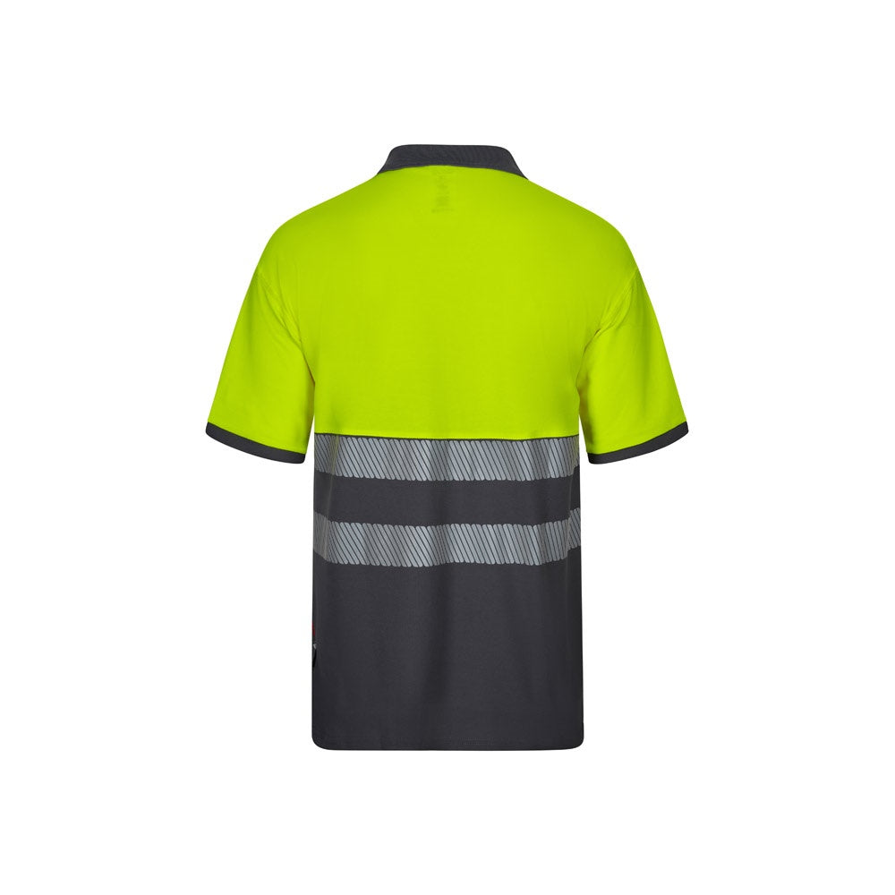 VL ACHELOUS promotional polo shirt in grey/yellow (detail view) with custom logo branding