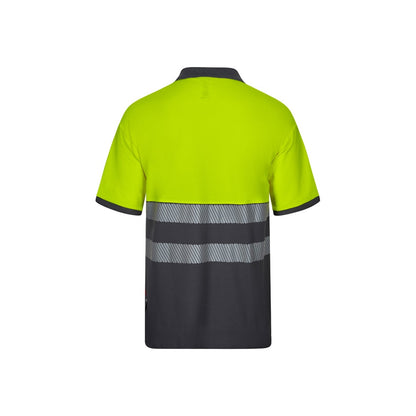 VL ACHELOUS promotional polo shirt in grey/yellow (detail view) with custom logo branding