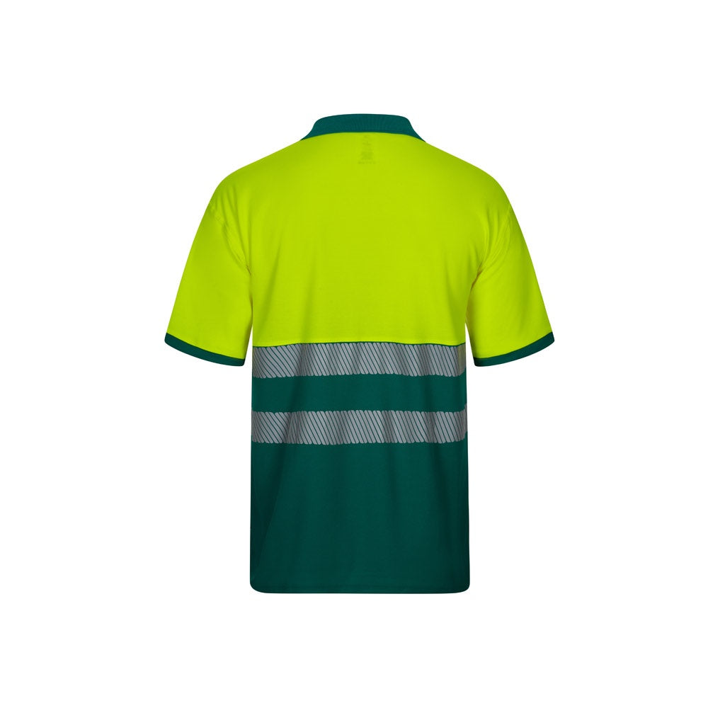 VL ACHELOUS promotional polo shirt in green/yellow (detail view) with custom logo branding