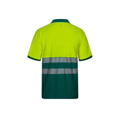VL ACHELOUS promotional polo shirt in green/yellow (detail view) with custom logo branding