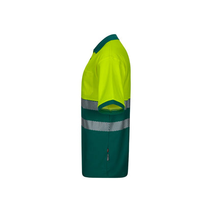 VL ACHELOUS promotional polo shirt in green/yellow (detail view) with custom logo branding