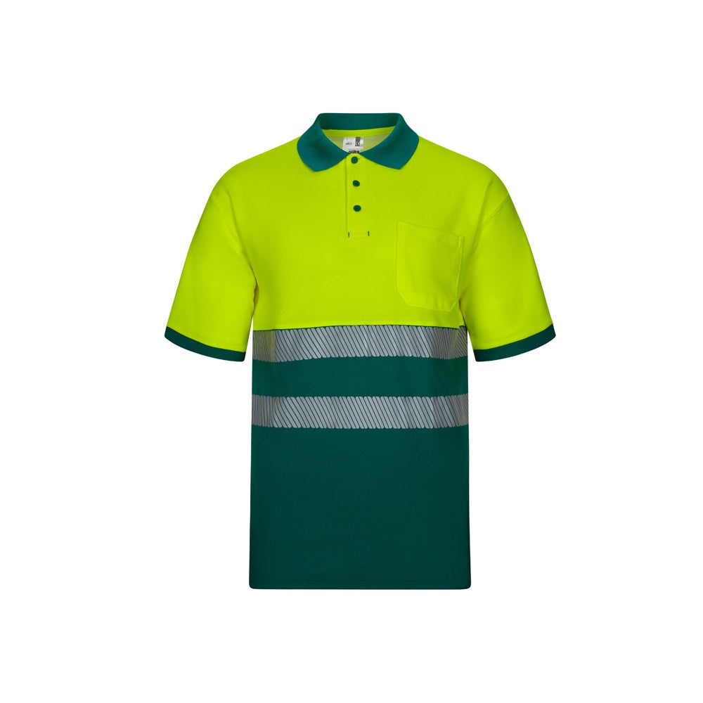 VL ACHELOUS promotional polo shirt in green/yellow with custom logo branding