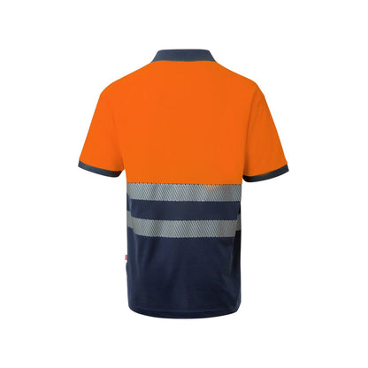 VL ACHELOUS promotional polo shirt in navy blue/orange (detail view) with custom logo branding