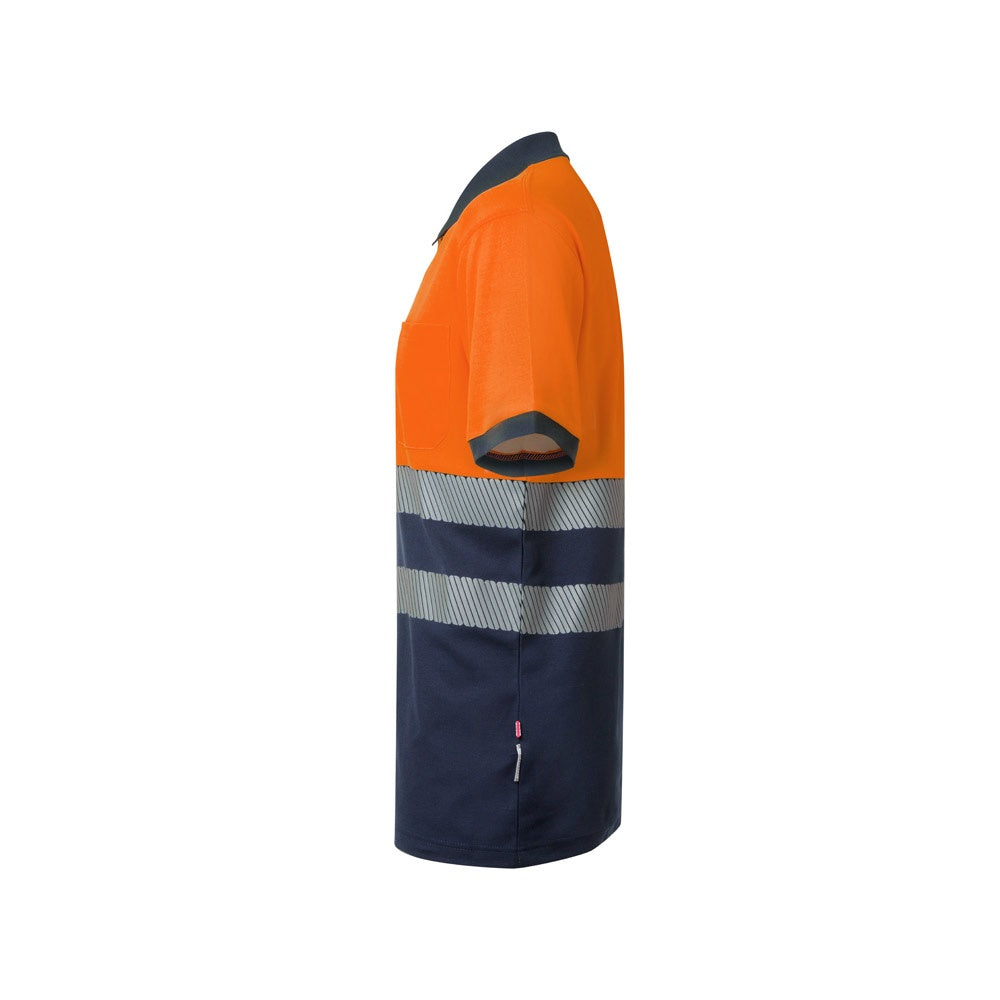 VL ACHELOUS promotional polo shirt in navy blue/orange (detail view) with custom logo branding