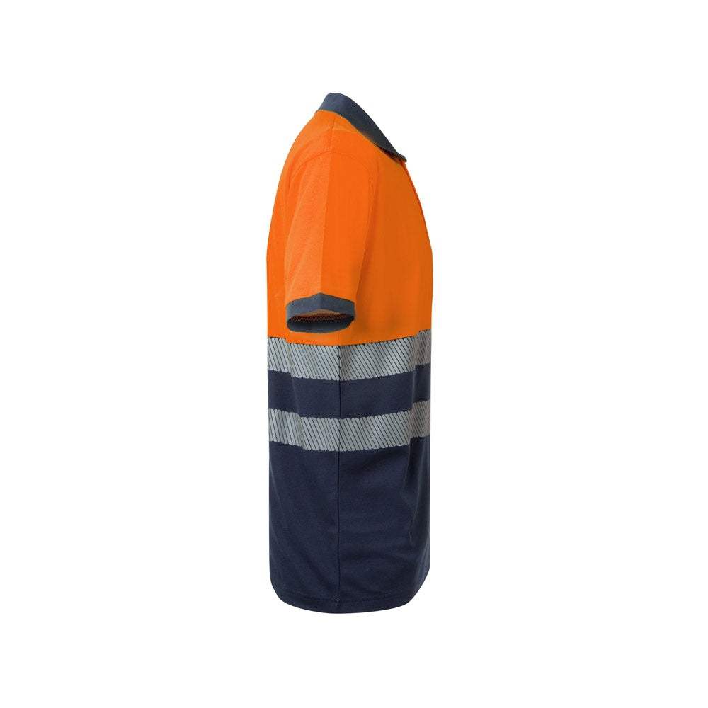 VL ACHELOUS promotional polo shirt in navy blue/orange (detail view) with custom logo branding