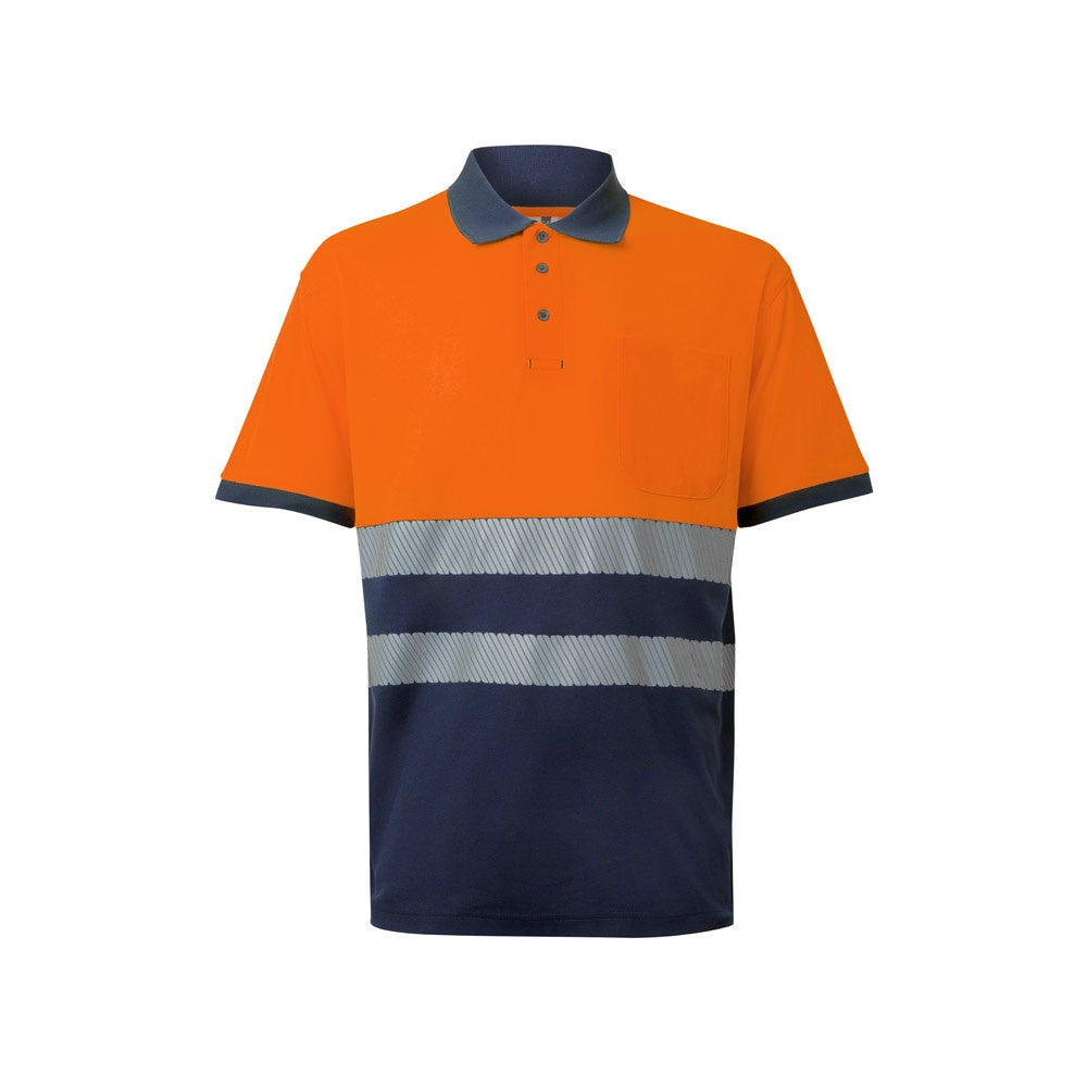 VL ACHELOUS promotional polo shirt in navy blue/orange with custom logo branding