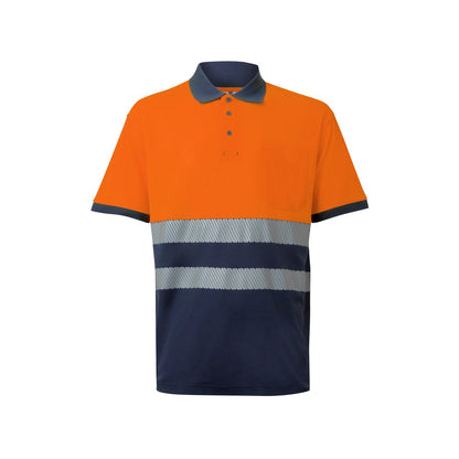 VL ACHELOUS promotional polo shirt in navy blue/orange with custom logo branding