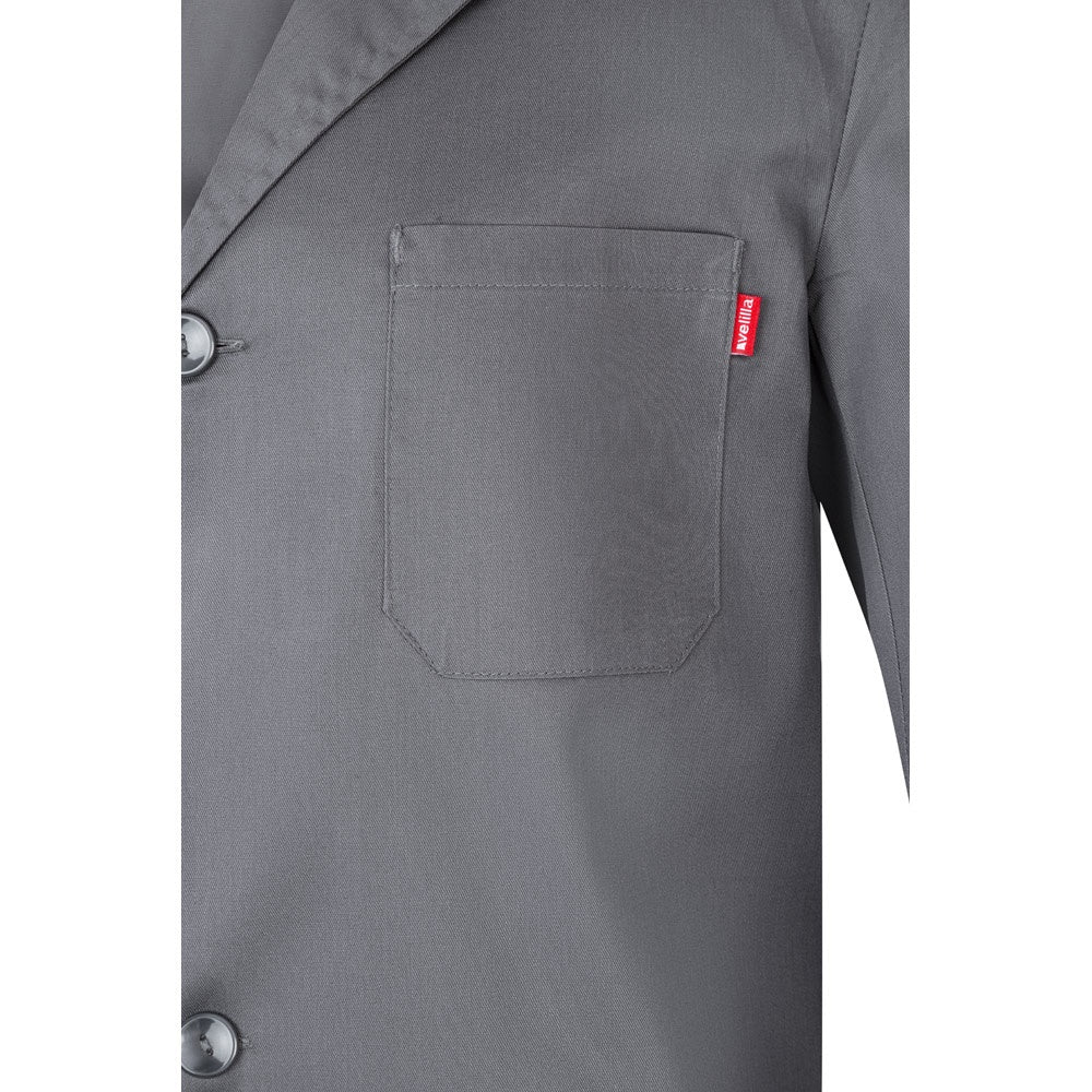 VL DANU promotional workwear garment in grey (detail view) with custom logo branding
