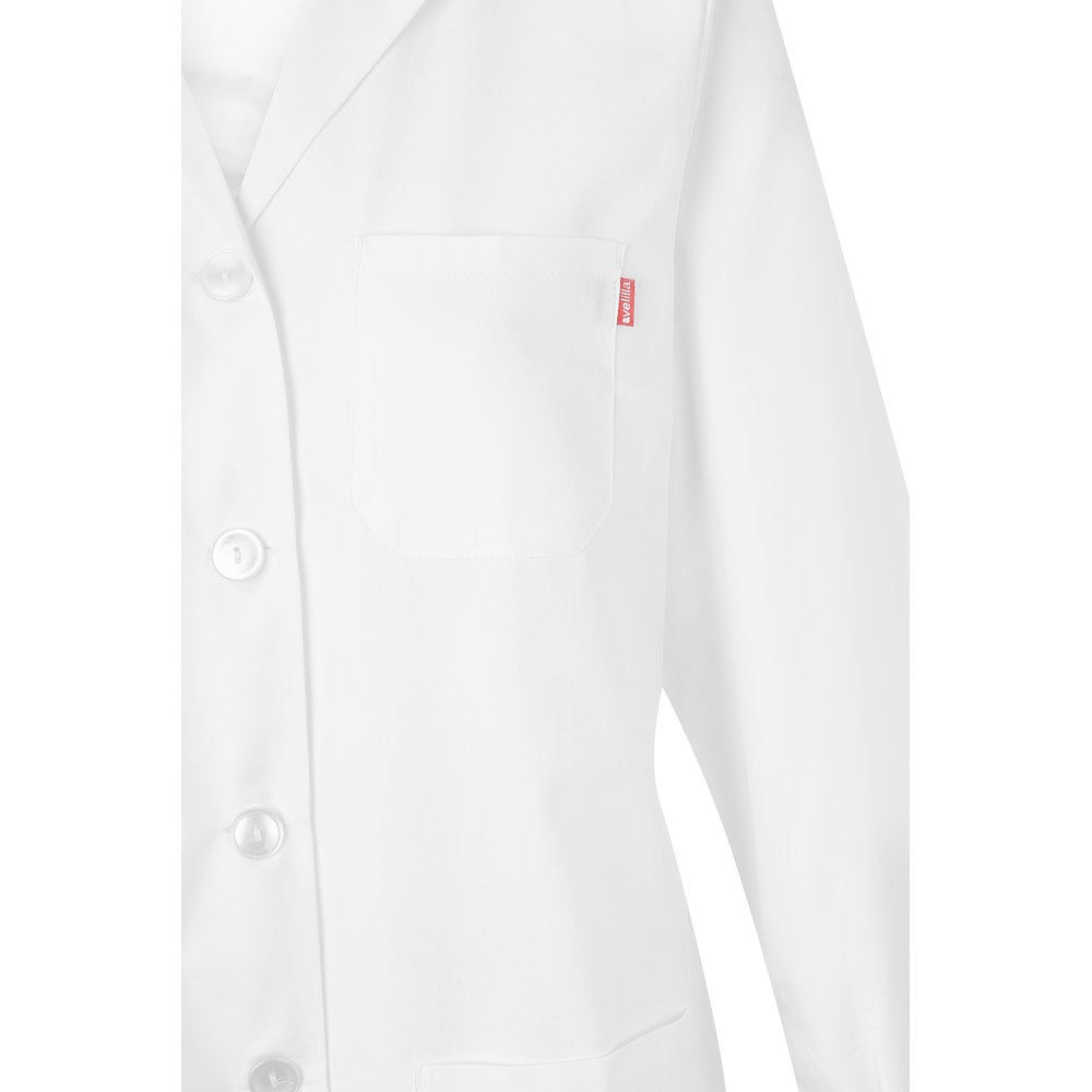 VL RAMA promotional workwear garment in white (detail view) with custom logo branding