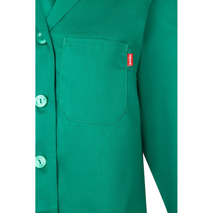 VL RAMA promotional workwear garment in green (detail view) with custom logo branding