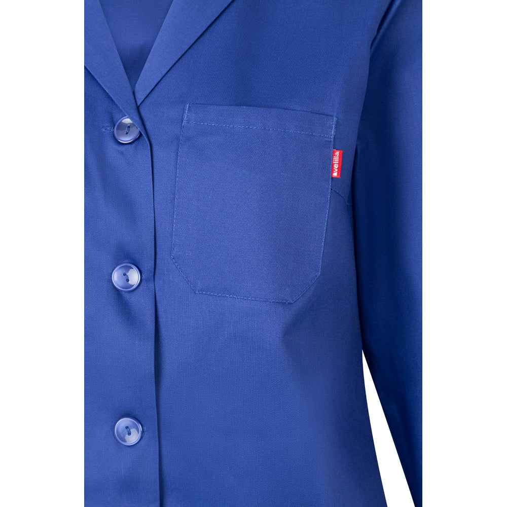 VL RAMA promotional workwear garment in royal blue (detail view) with custom logo branding