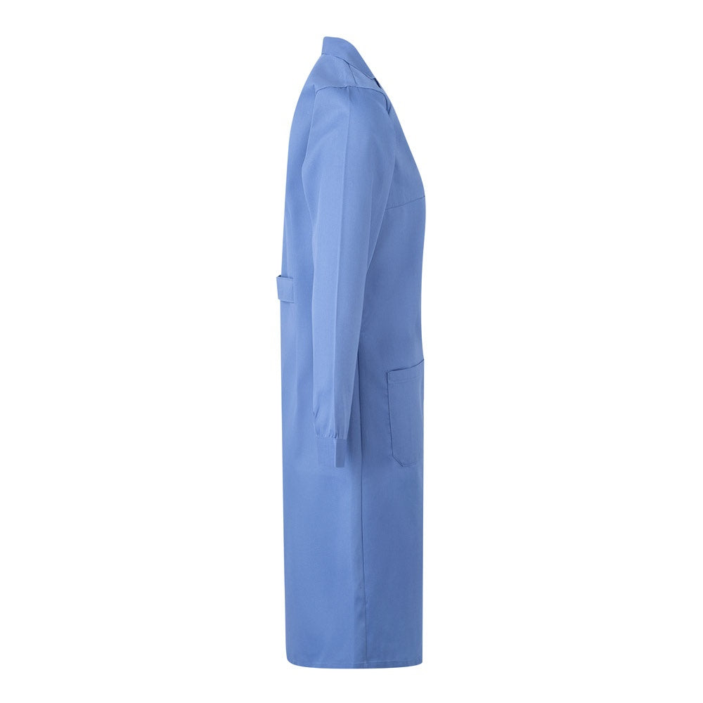 VL RAMA promotional workwear garment in pastel blue (detail view) with custom logo branding
