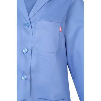 VL RAMA promotional workwear garment in pastel blue (detail view) with custom logo branding