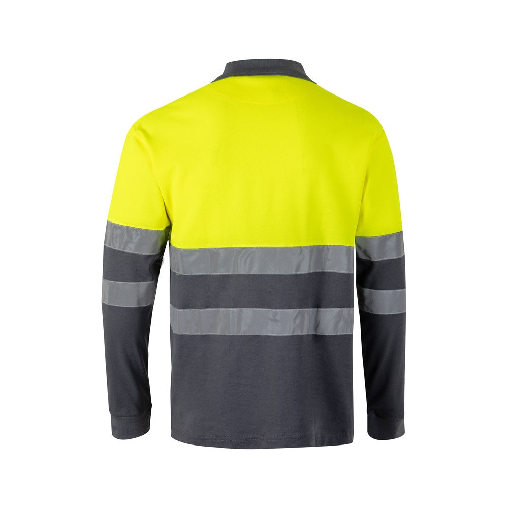 VL PLUTO promotional polo shirt in grey/yellow (detail view) with custom logo branding