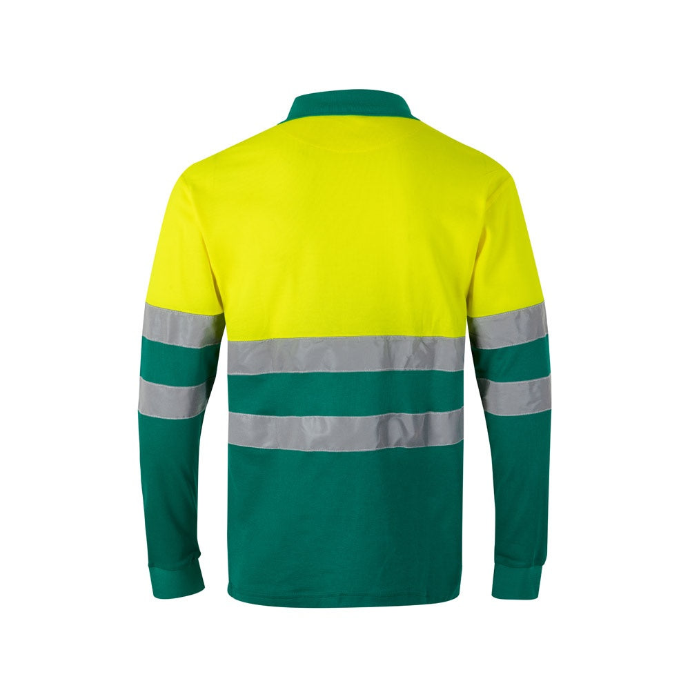 VL PLUTO promotional polo shirt in green/yellow (detail view) with custom logo branding