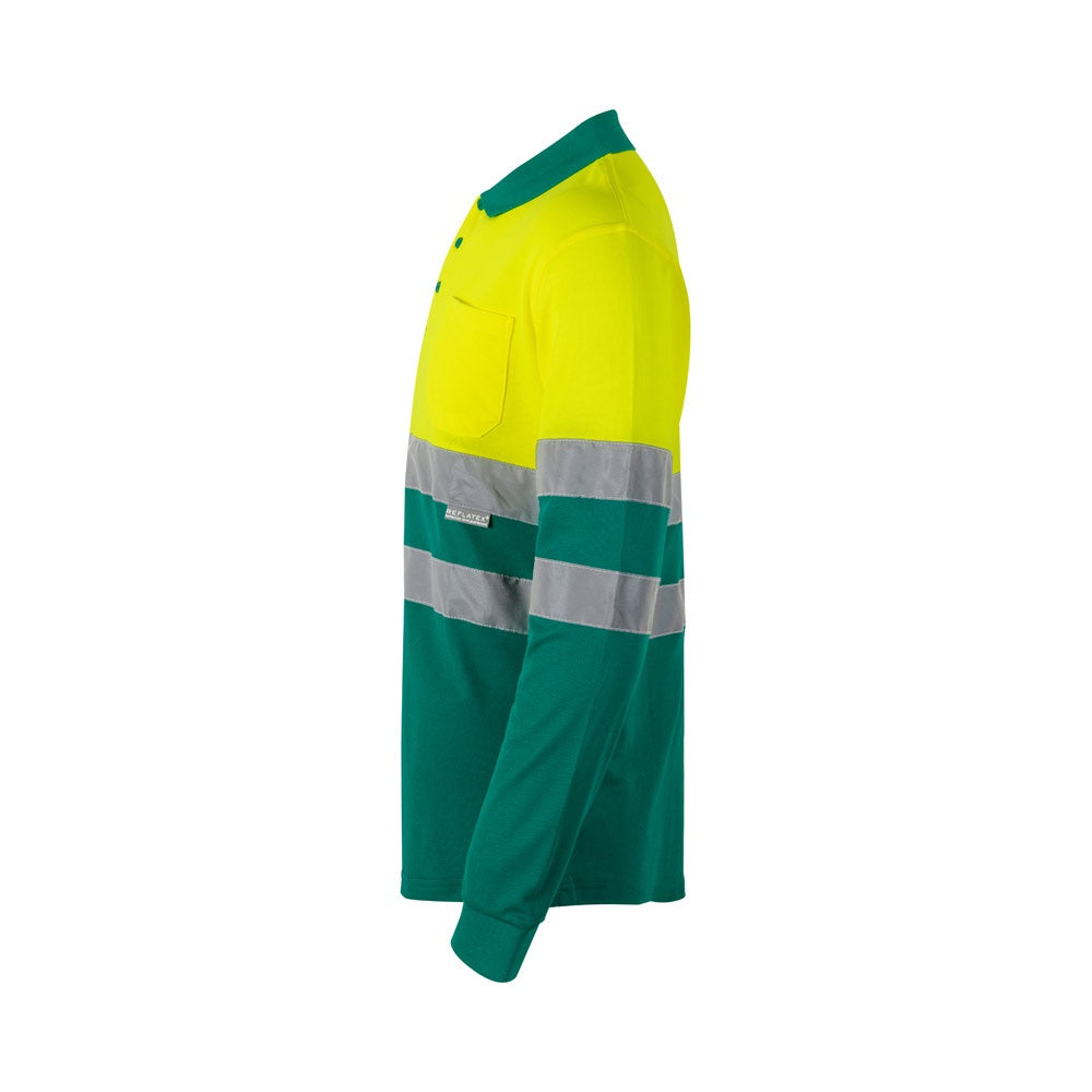 VL PLUTO promotional polo shirt in green/yellow (detail view) with custom logo branding