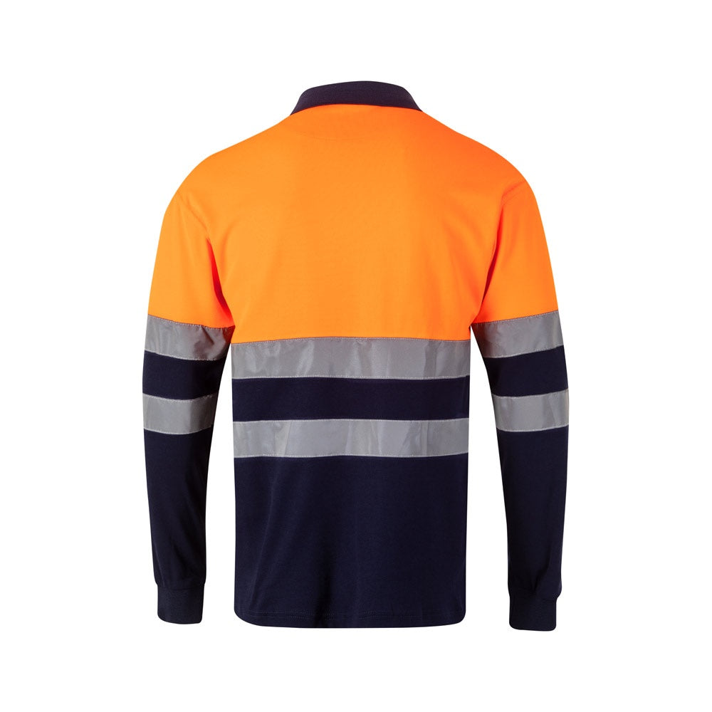 VL PLUTO promotional polo shirt in navy blue/orange (detail view) with custom logo branding