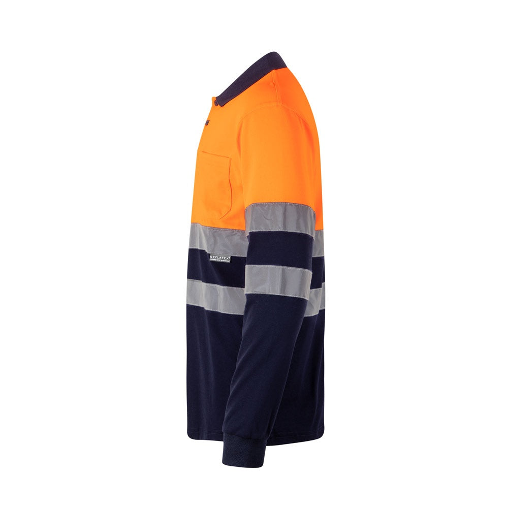 VL PLUTO promotional polo shirt in navy blue/orange (detail view) with custom logo branding