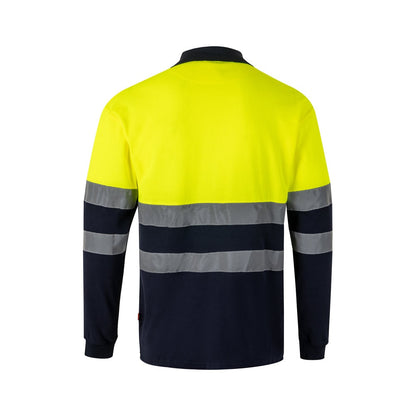 VL PLUTO LARGE promotional polo shirt in navy blue/yellow (detail view) with custom logo branding
