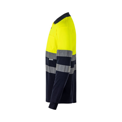 VL PLUTO LARGE promotional polo shirt in navy blue/yellow (detail view) with custom logo branding