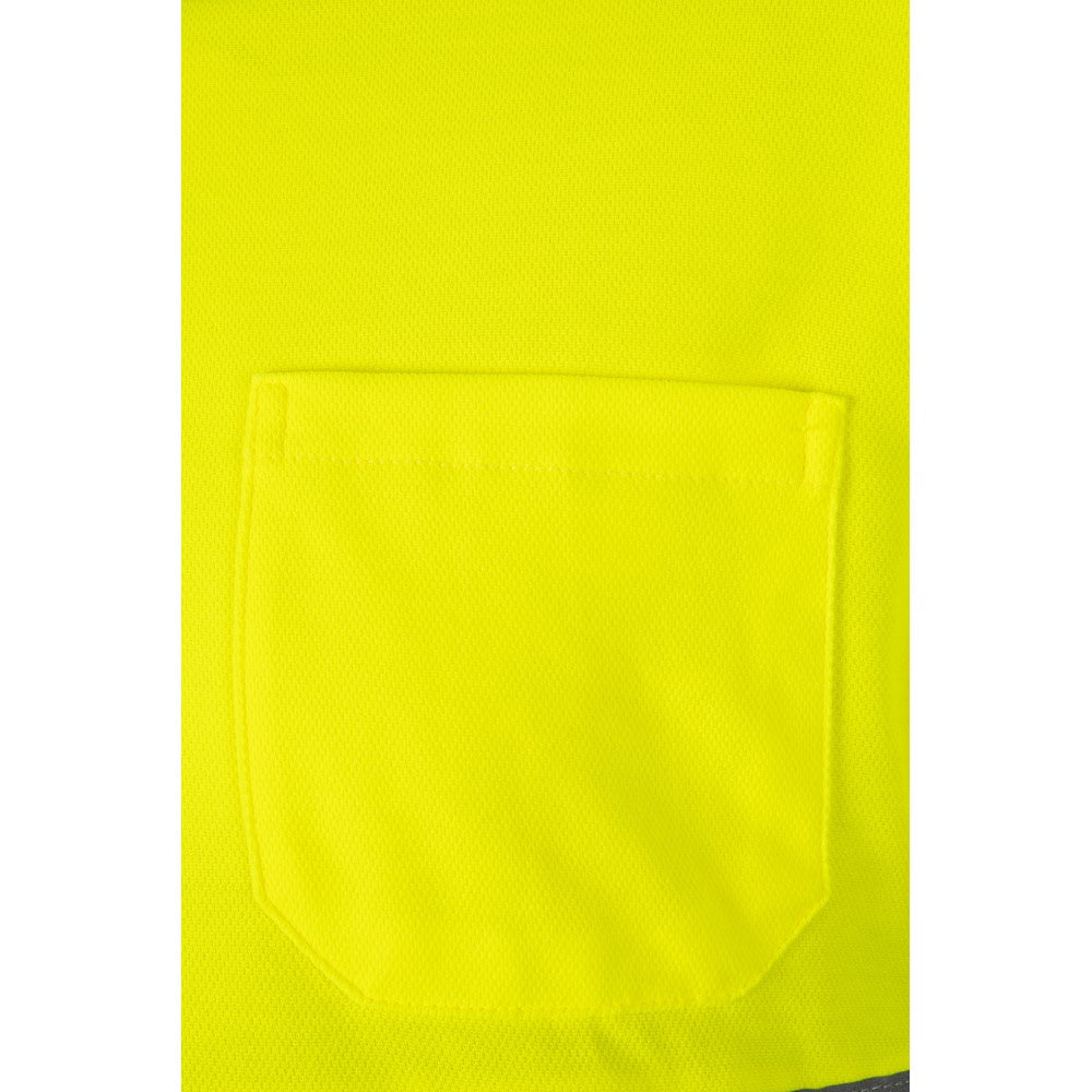 VL PLUTO LARGE promotional polo shirt in navy blue/yellow (detail view) with custom logo branding