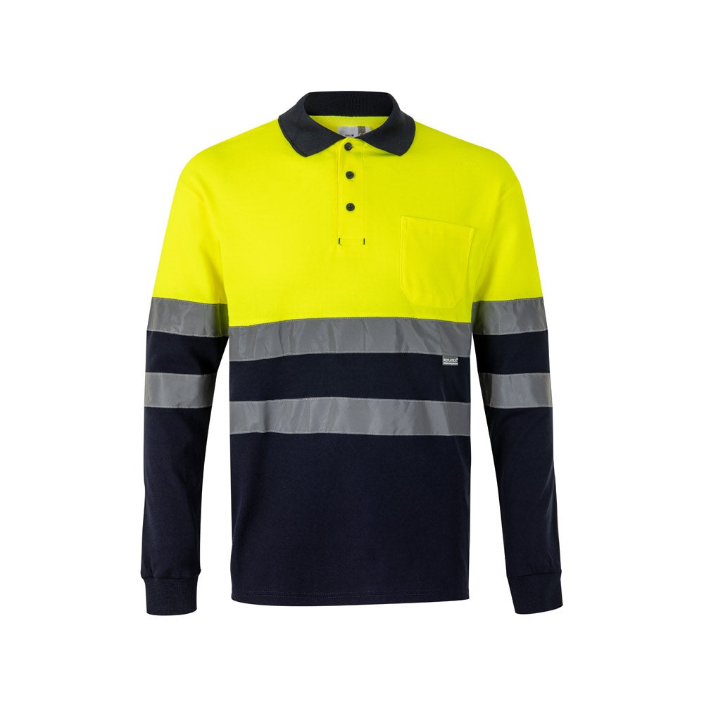 VL PLUTO LARGE promotional polo shirt in navy blue/yellow with custom logo branding