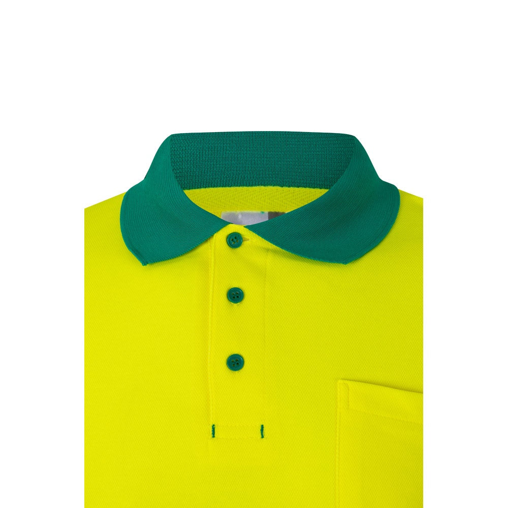 VL PLUTO LARGE promotional polo shirt in green/yellow with custom logo branding