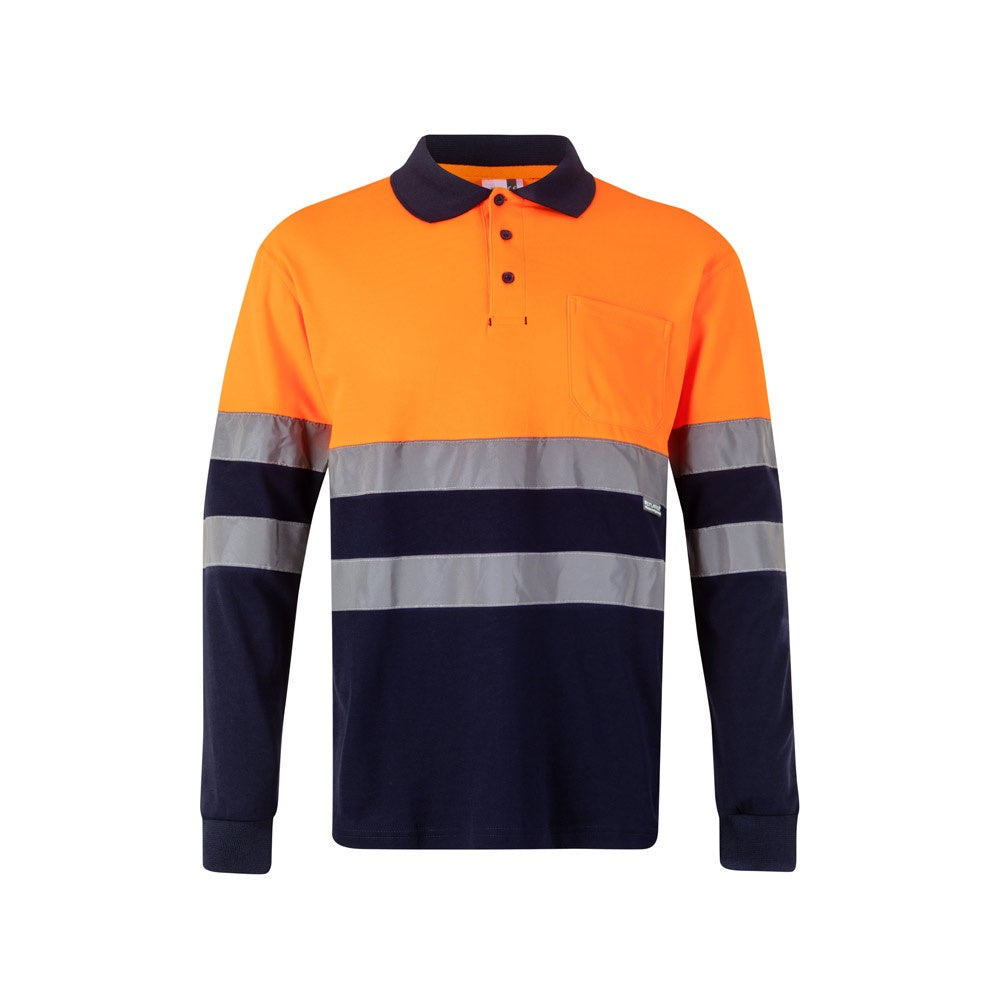 VL PLUTO LARGE promotional polo shirt in navy blue/orange with custom logo branding