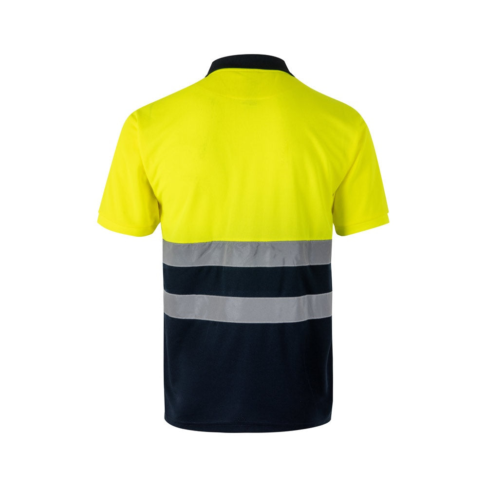 VL FORTUNA promotional polo shirt in navy blue/yellow (detail view) with custom logo branding