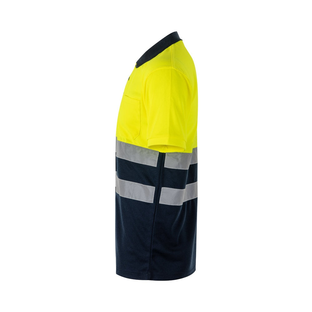 VL FORTUNA promotional polo shirt in navy blue/yellow (detail view) with custom logo branding