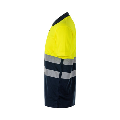VL FORTUNA promotional polo shirt in navy blue/yellow (detail view) with custom logo branding