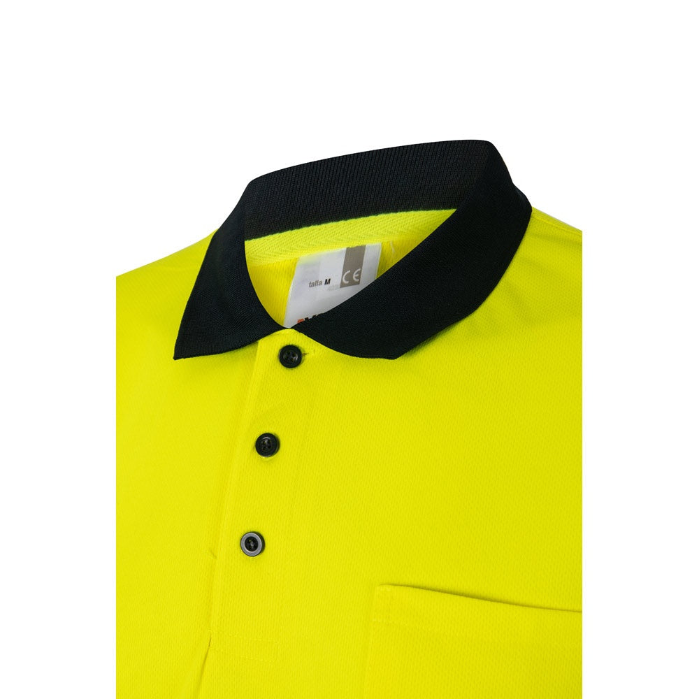 VL FORTUNA promotional polo shirt in navy blue/yellow (detail view) with custom logo branding