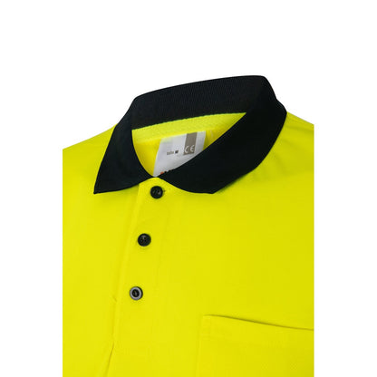 VL FORTUNA promotional polo shirt in navy blue/yellow (detail view) with custom logo branding