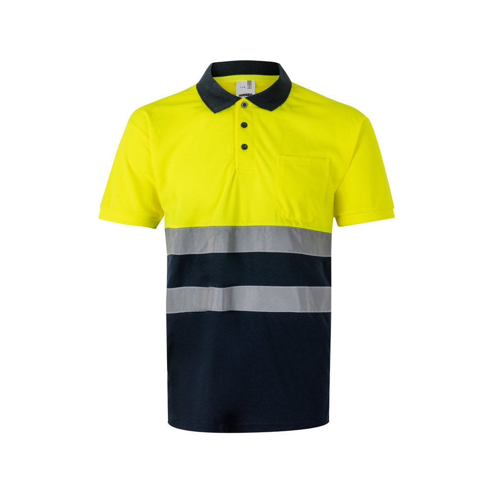 VL FORTUNA promotional polo shirt in navy blue/yellow with custom logo branding