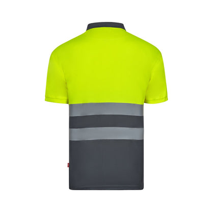 VL FORTUNA promotional polo shirt in grey/yellow (detail view) with custom logo branding