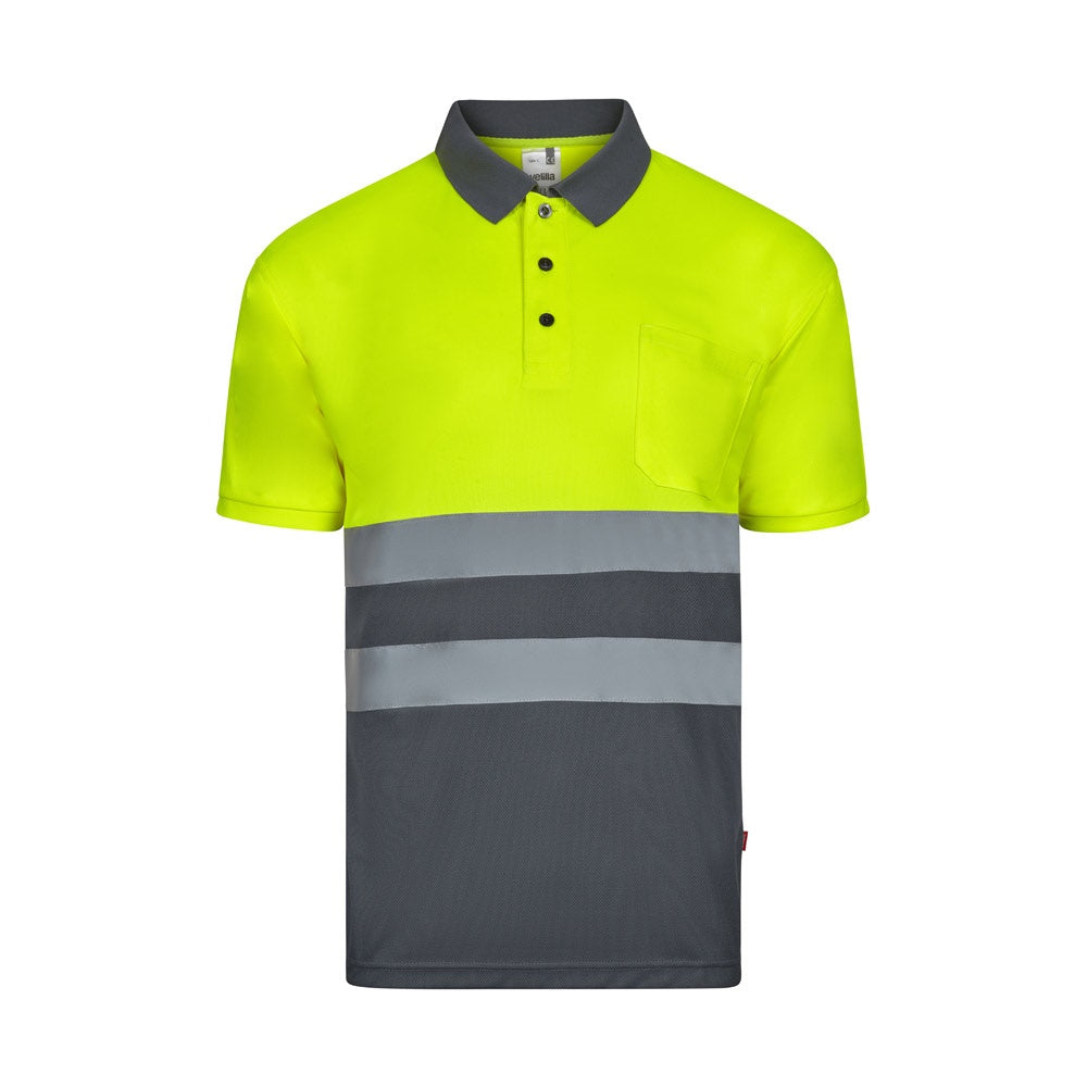 VL FORTUNA promotional polo shirt in grey/yellow with custom logo branding