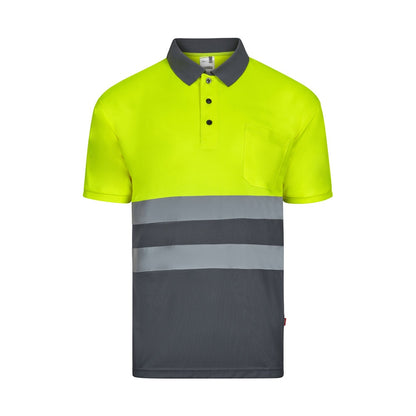 VL FORTUNA promotional polo shirt in grey/yellow with custom logo branding