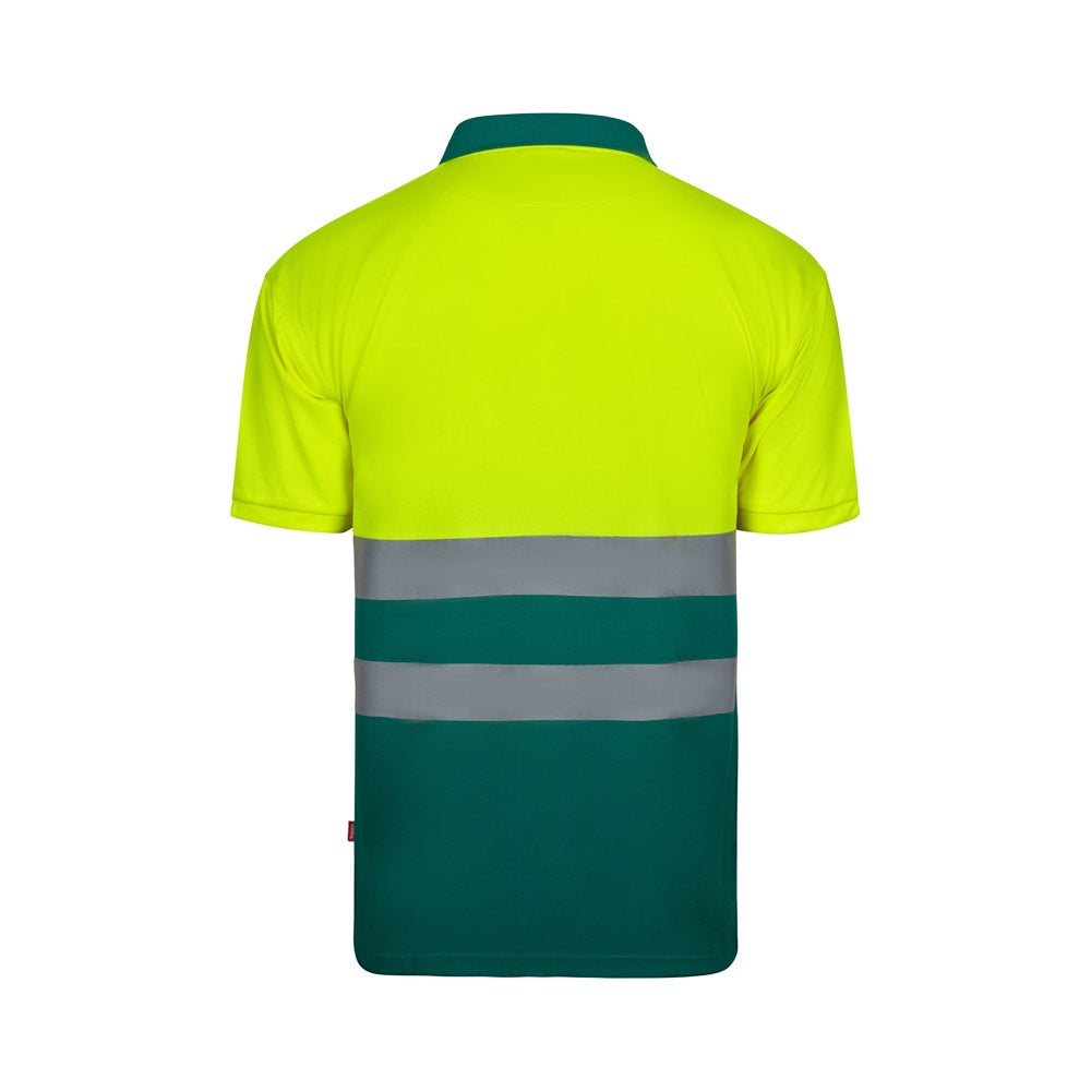 VL FORTUNA promotional polo shirt in green/yellow (detail view) with custom logo branding