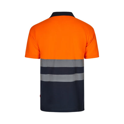 VL FORTUNA promotional polo shirt in navy blue/orange (detail view) with custom logo branding