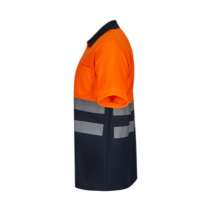 VL FORTUNA promotional polo shirt in navy blue/orange (detail view) with custom logo branding