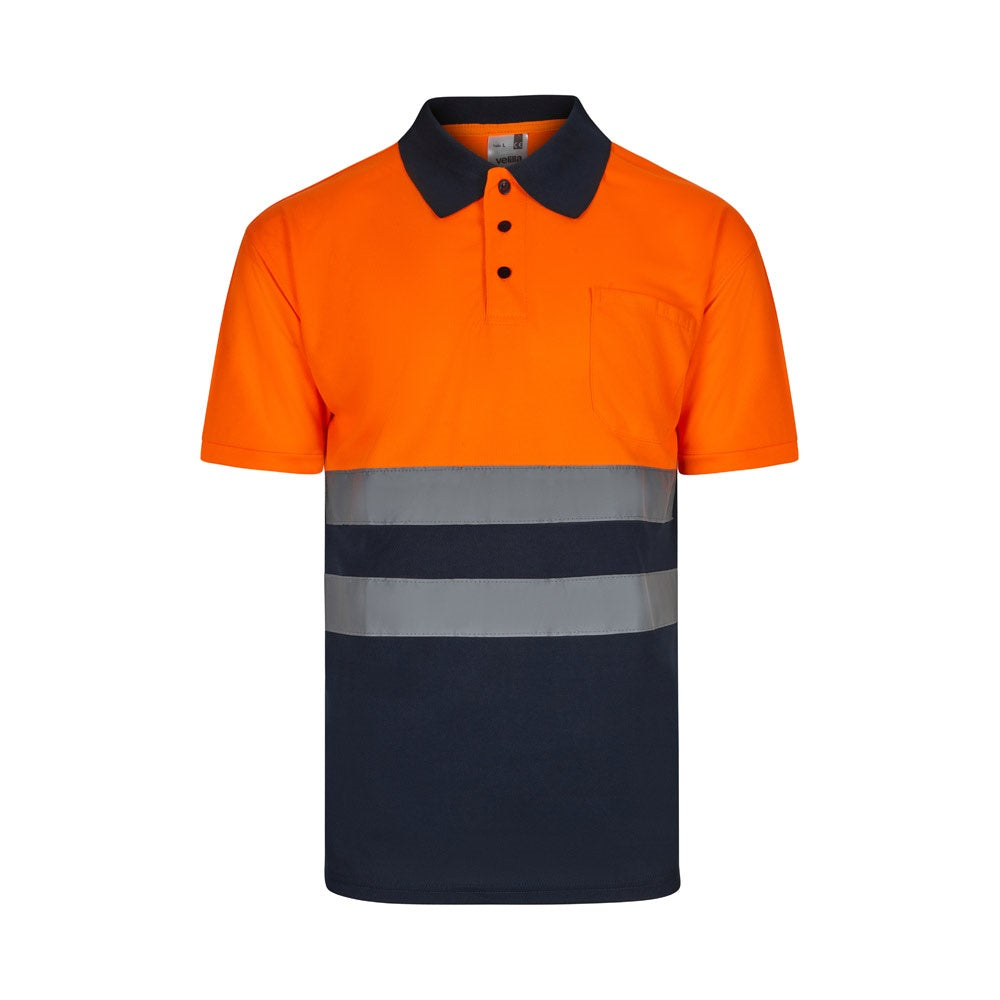 VL FORTUNA promotional polo shirt in navy blue/orange with custom logo branding
