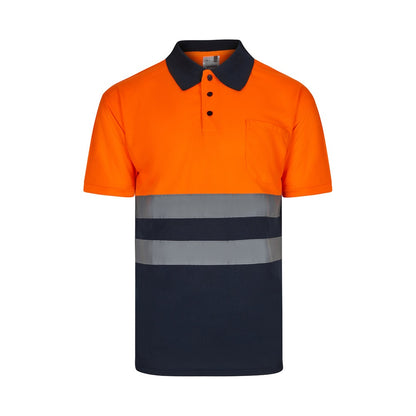 VL FORTUNA promotional polo shirt in navy blue/orange with custom logo branding