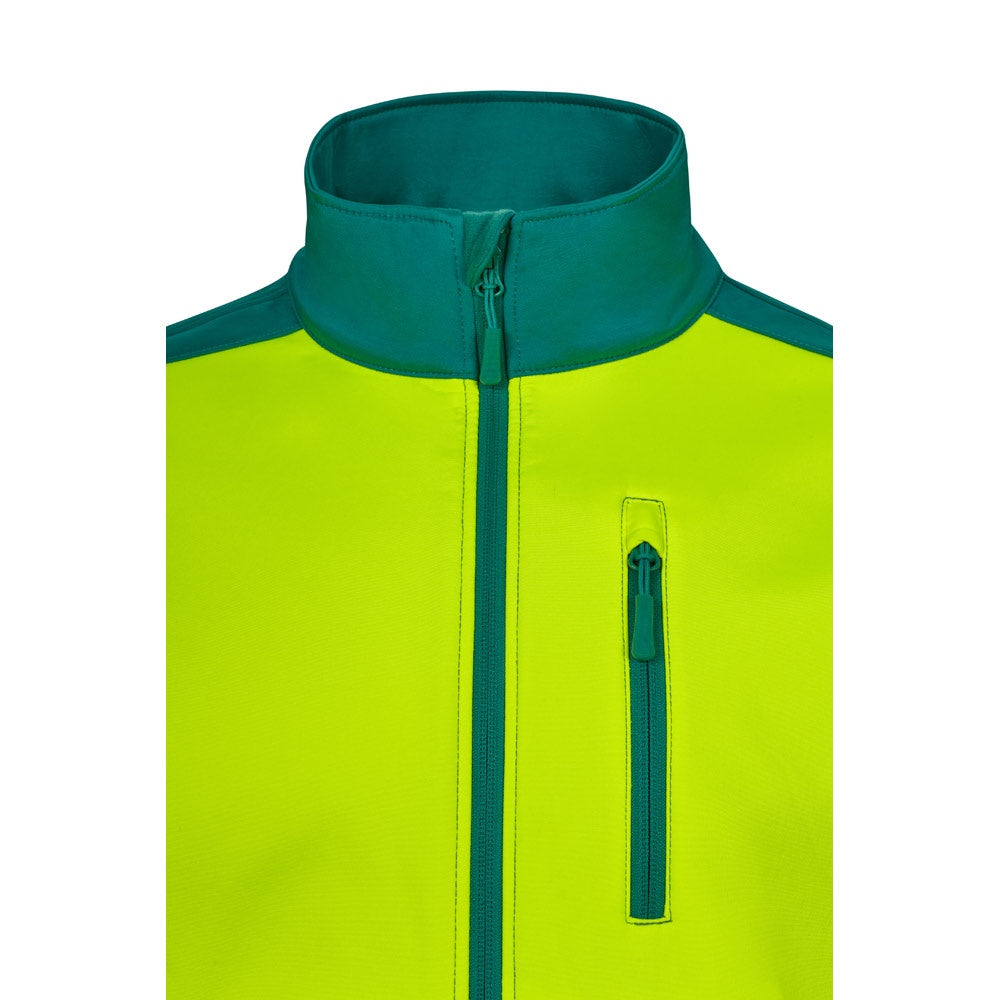 VL HESTIA promotional jacket in green/yellow (detail view) with custom logo branding