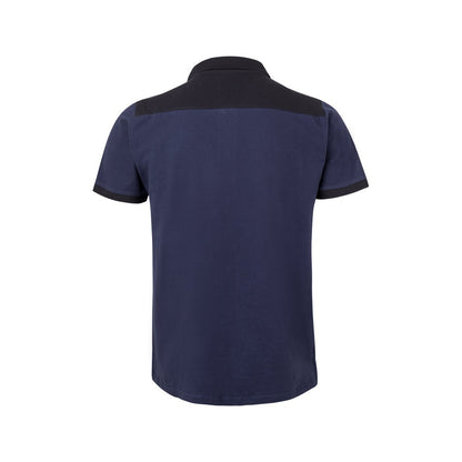 VL VELES promotional polo shirt in blue (detail view) with custom logo branding